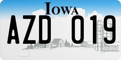 IA license plate AZD019