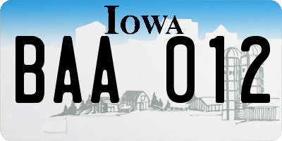 IA license plate BAA012