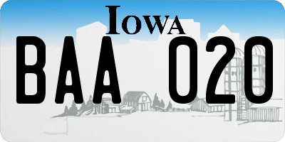 IA license plate BAA020