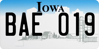 IA license plate BAE019