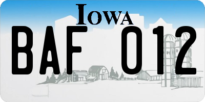 IA license plate BAF012