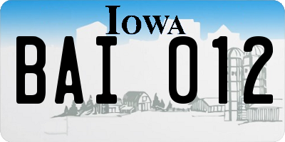 IA license plate BAI012