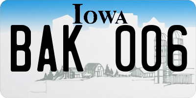 IA license plate BAK006