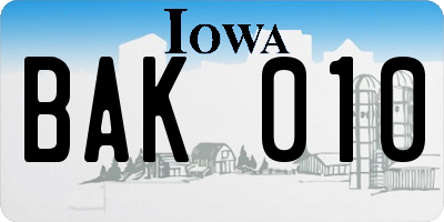 IA license plate BAK010