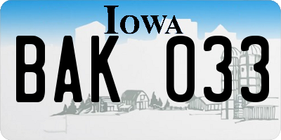 IA license plate BAK033