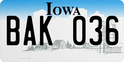 IA license plate BAK036