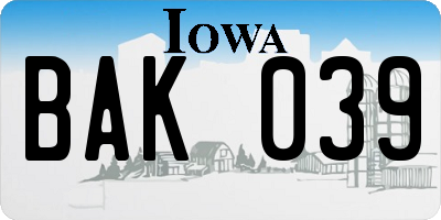 IA license plate BAK039
