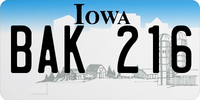 IA license plate BAK216
