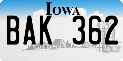 IA license plate BAK362