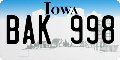 IA license plate BAK998