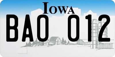 IA license plate BAO012