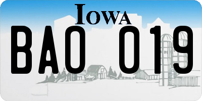 IA license plate BAO019