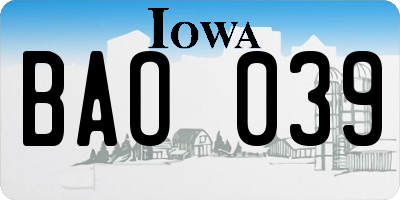IA license plate BAO039