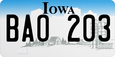 IA license plate BAO203