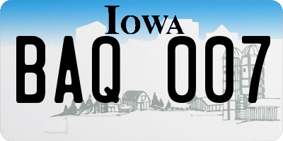 IA license plate BAQ007