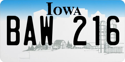 IA license plate BAW216