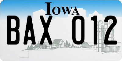 IA license plate BAX012