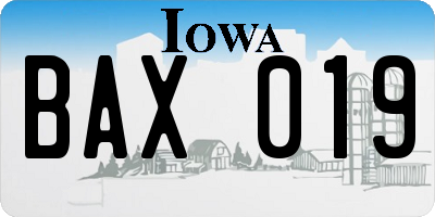 IA license plate BAX019