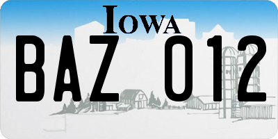 IA license plate BAZ012