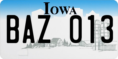 IA license plate BAZ013