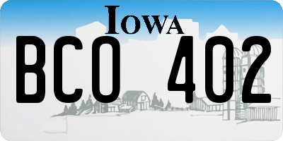 IA license plate BCO402