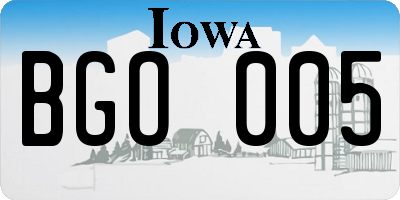 IA license plate BGO005