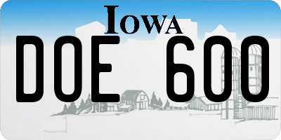 IA license plate DOE600