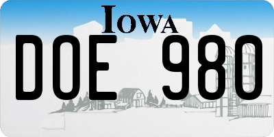 IA license plate DOE980