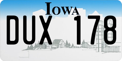 IA license plate DUX178