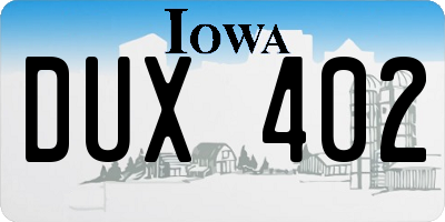 IA license plate DUX402
