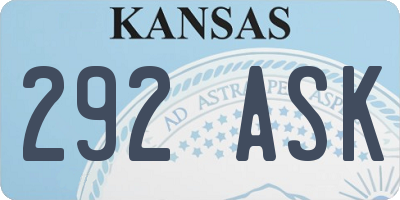 KS license plate 292ASK