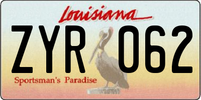 LA license plate ZYR062