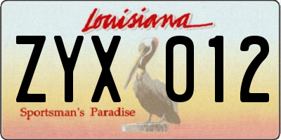 LA license plate ZYX012