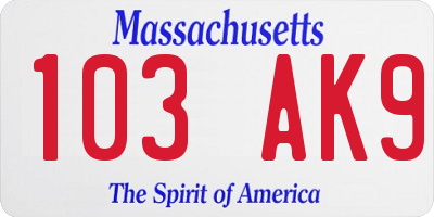 MA license plate 103AK9
