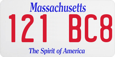 MA license plate 121BC8