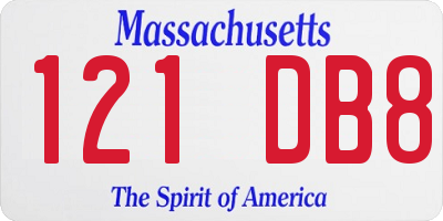 MA license plate 121DB8