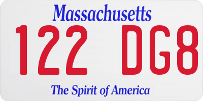 MA license plate 122DG8