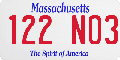 MA license plate 122NO3