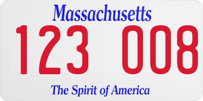MA license plate 123OO8