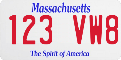 MA license plate 123VW8