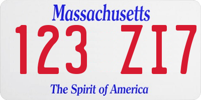 MA license plate 123ZI7