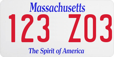MA license plate 123ZO3