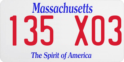 MA license plate 135XO3
