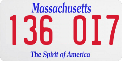 MA license plate 136OI7