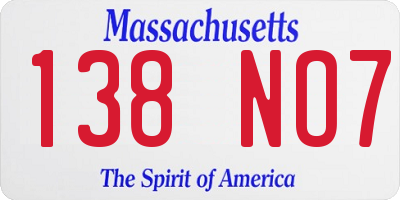 MA license plate 138NO7
