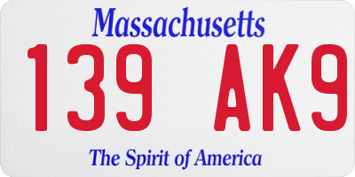 MA license plate 139AK9