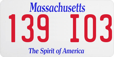 MA license plate 139IO3
