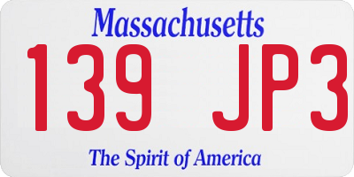 MA license plate 139JP3
