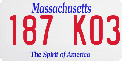 MA license plate 187KO3