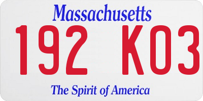 MA license plate 192KO3